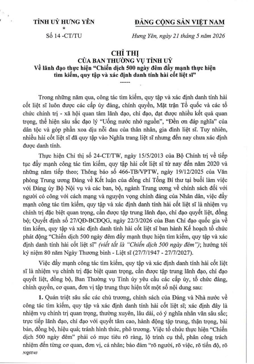 Chỉ thị của Ban Thường vụ Tỉnh ủy Hưng Yên về lãnh đạo thực hiện “Chiến dịch 500 ngày đêm đẩy mạnh thực hiện tìm kiếm, quy tập và xác định danh tính hài cốt liệt sĩ"
